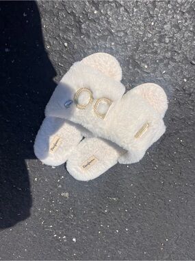 Fuzzy Ivory Slide Slippers with Gold Lettering